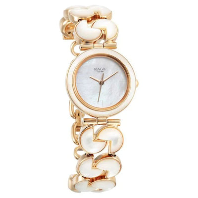 Titan Raga Mother Of Pearl Dial Rose Gold Metal Strap Analog Watch for Women