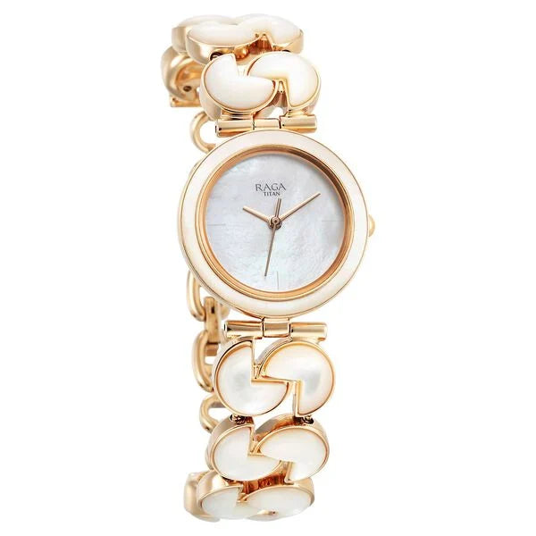 Titan Raga White Mother of Pearl Dial Rose Gold Metal Strap Analog Quartz Watch for Women