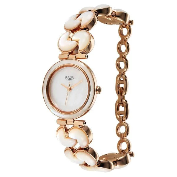 Titan Raga White Mother of Pearl Dial Rose Gold Metal Strap Analog Quartz Watch for Women