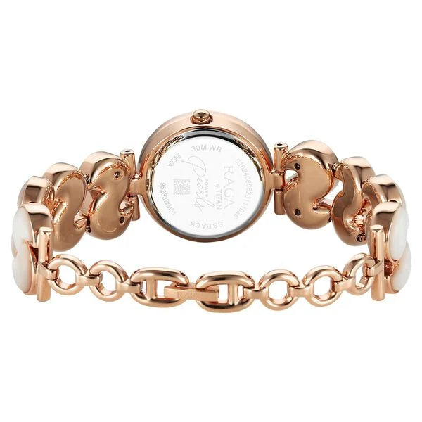 Titan Raga White Mother of Pearl Dial Rose Gold Metal Strap Analog Quartz Watch for Women