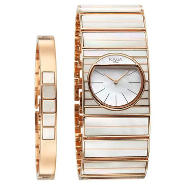 Titan Raga Mother of Pearl Dial Rose Gold Metal Strap Analog Quartz Watch for Women