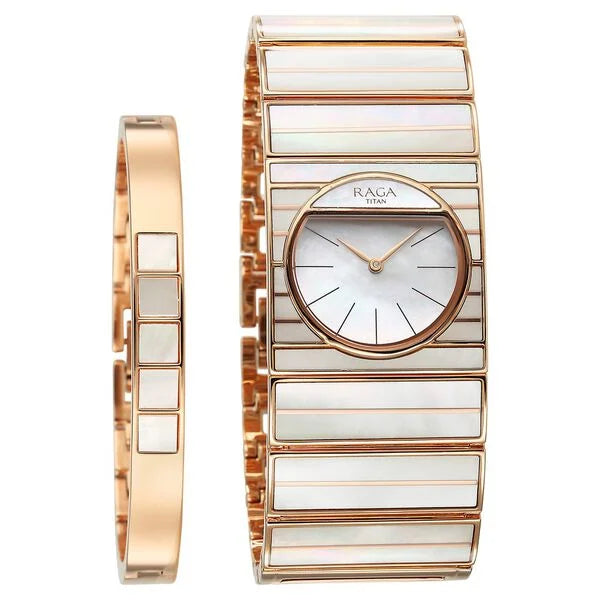 Titan Raga Mother of Pearl Dial Rose Gold Metal Strap Analog Quartz Watch for Women