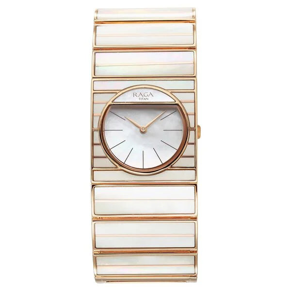 Titan Raga Mother of Pearl Dial Rose Gold Metal Strap Analog Quartz Watch for Women