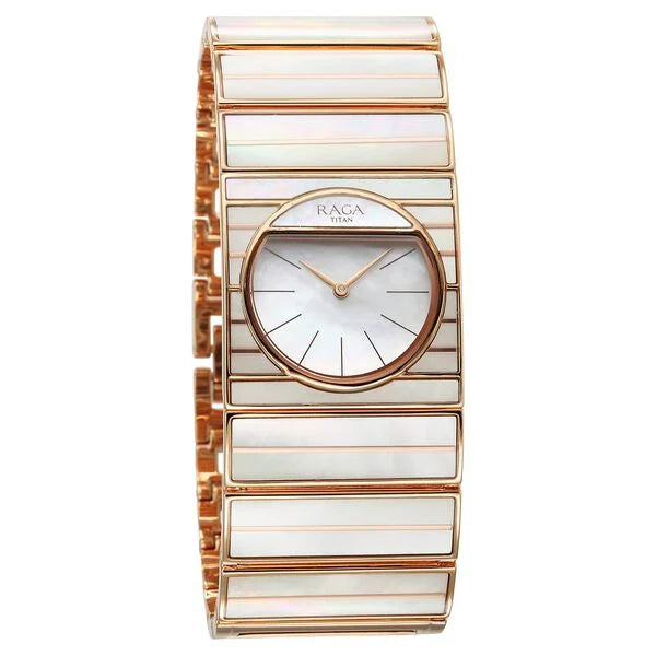 Titan Raga Mother of Pearl Dial Rose Gold Metal Strap Analog Quartz Watch for Women