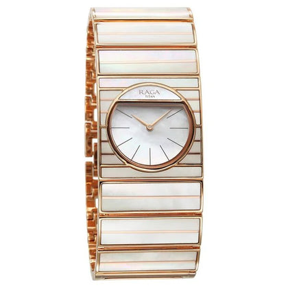 Titan Raga Mother of Pearl Rectangular Dial Rose Gold Metal Strap Analog Quartz Watch for Women