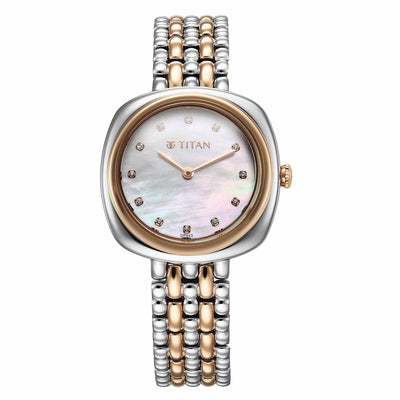 Titan Aura Quartz Analog White Mother Of Pearl Dial Rose Gold and Silver Stainless Steel Strap Watch for Women