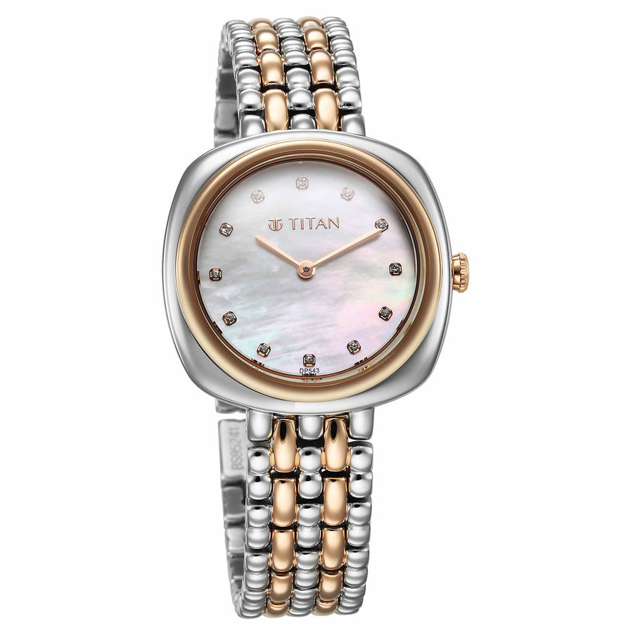 Titan Aura Quartz Analog White Mother Of Pearl Dial Rose Gold and Silver Stainless Steel Strap Watch for Women