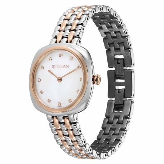 Titan Aura Quartz Analog White Mother Of Pearl Dial Rose Gold and Silver Stainless Steel Strap Watch for Women