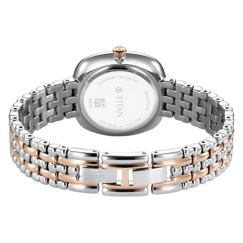 Titan Aura Quartz Analog White Mother Of Pearl Dial Rose Gold and Silver Stainless Steel Strap Watch for Women