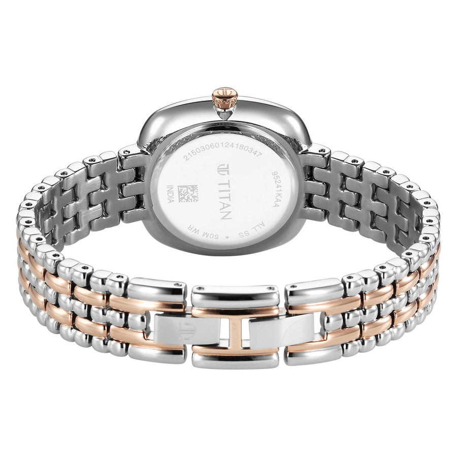 Titan Aura Quartz Analog White Mother Of Pearl Dial Rose Gold and Silver Stainless Steel Strap Watch for Women
