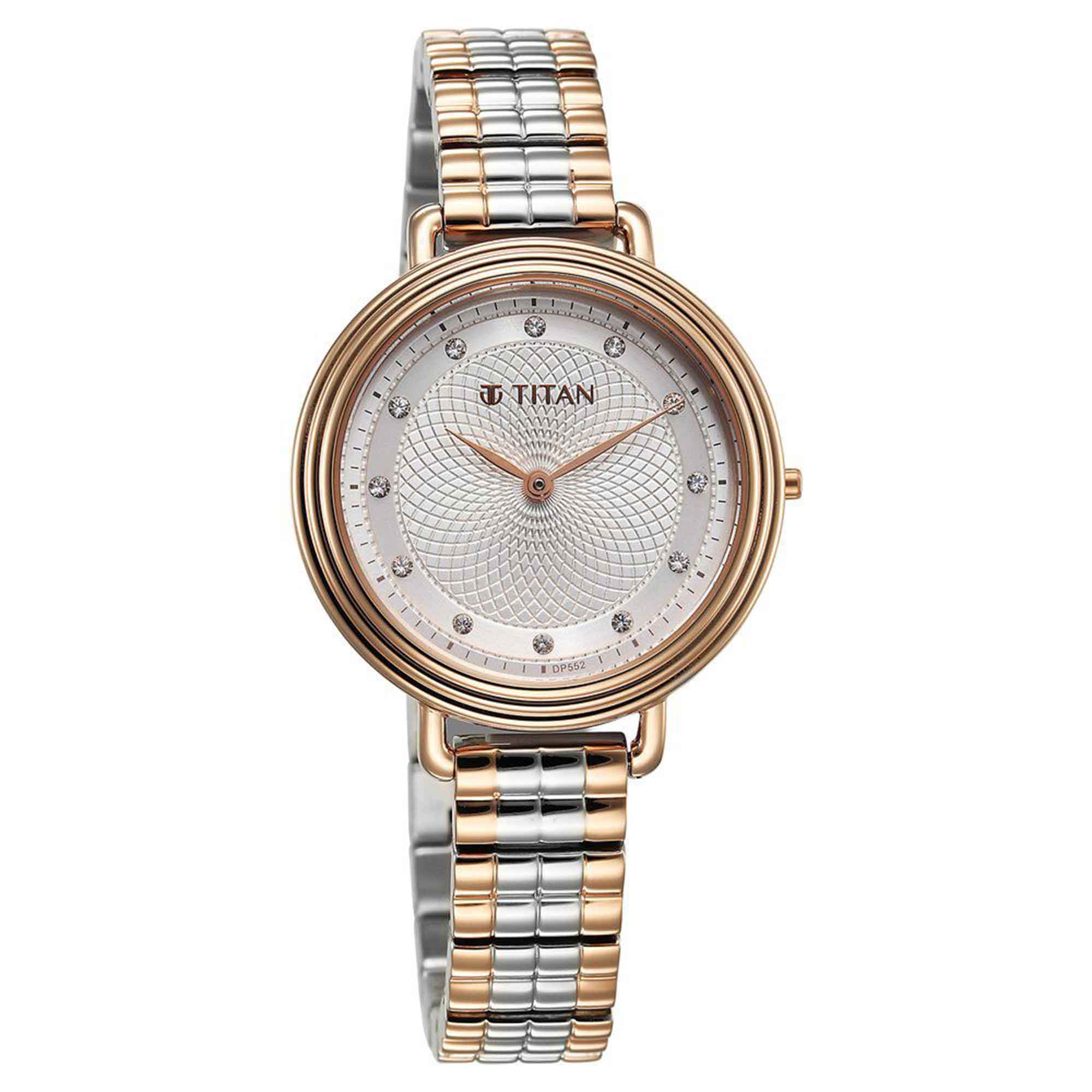 Titan Aura Quartz Analog Silver Dial Two Toned Stainless Steel Strap Watch For Women