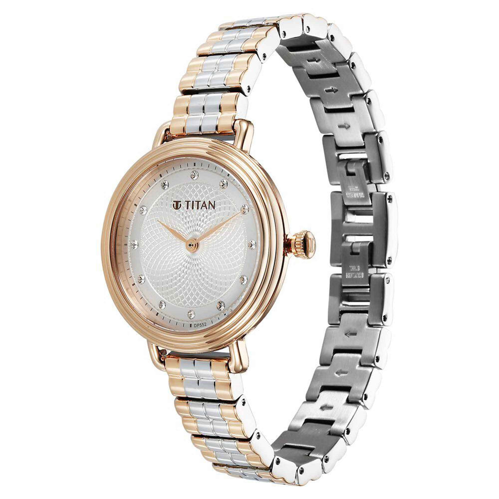 Titan Aura Quartz Analog Silver Dial Two Toned Stainless Steel Strap Watch For Women