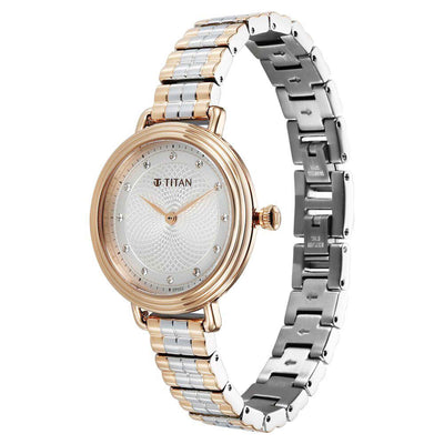 Titan Aura Quartz Analog Silver Dial Two Toned Stainless Steel Strap Watch For Women