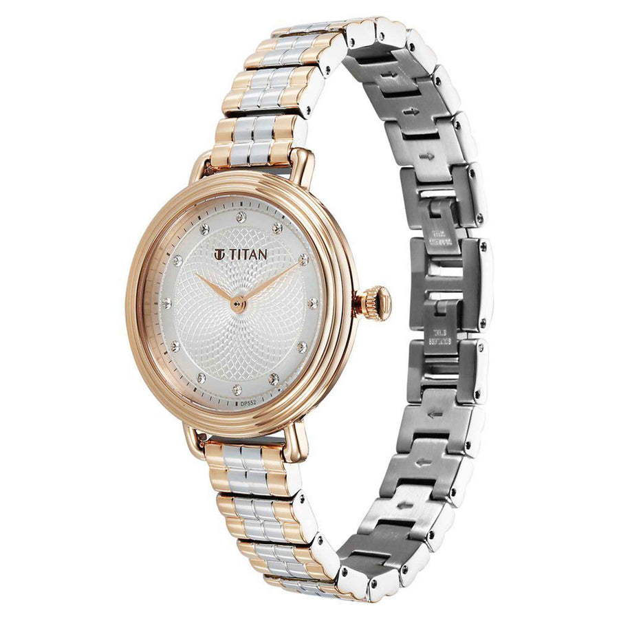 Titan Aura Quartz Analog Silver Dial Two Toned Stainless Steel Strap Watch For Women