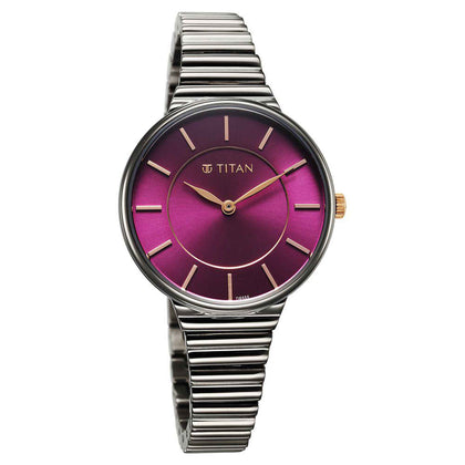 Titan Aura Quartz Analog Purple Dial Stainless Steel Strap Watch for Women