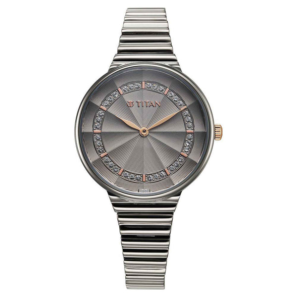 Titan Aura Quartz Analog Grey Dial Stainless Steel Strap Watch for Women