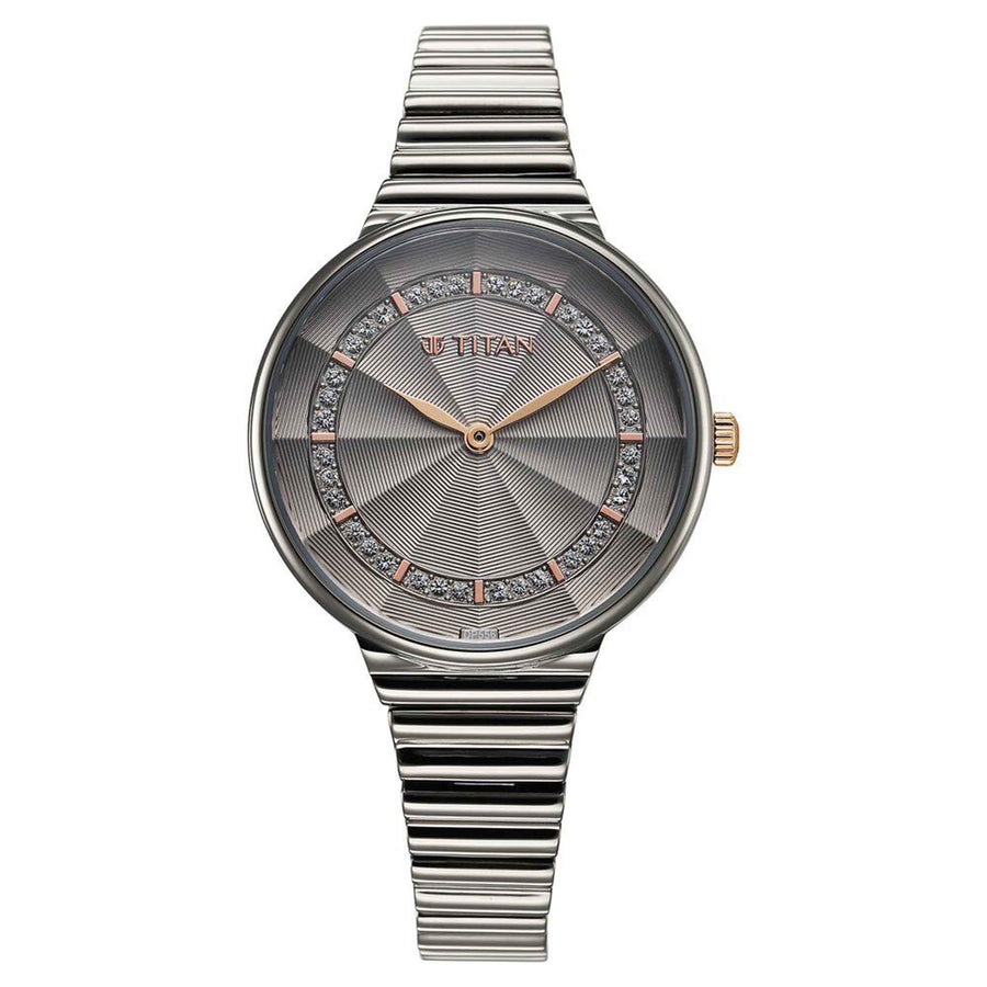 Titan Aura Quartz Analog Grey Dial Stainless Steel Strap Watch for Women
