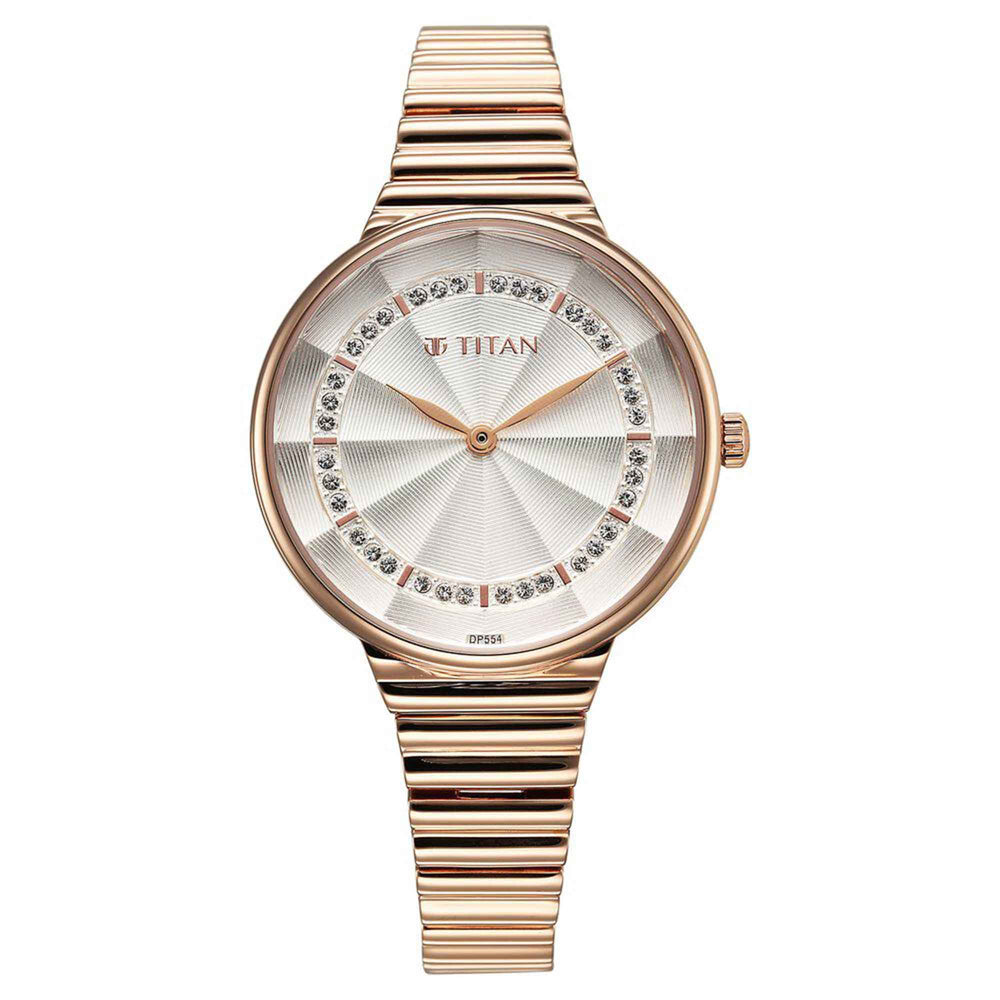 Titan Aura Quartz Analog Silver Dial Rose Gold Stainless Steel Strap Watch For Women
