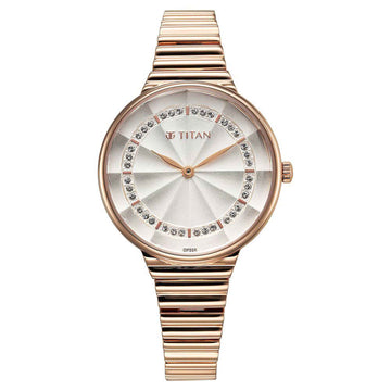 Titan Aura Quartz Analog Silver Dial Rose Gold Stainless Steel Strap Watch For Women