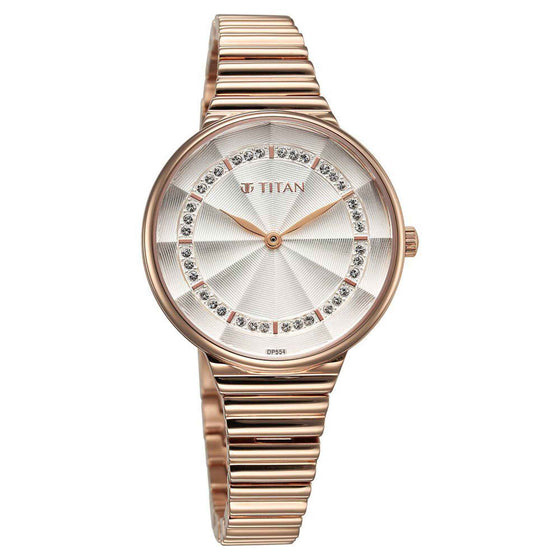 Titan Aura Quartz Analog Silver Dial Rose Gold Stainless Steel Strap Watch For Women