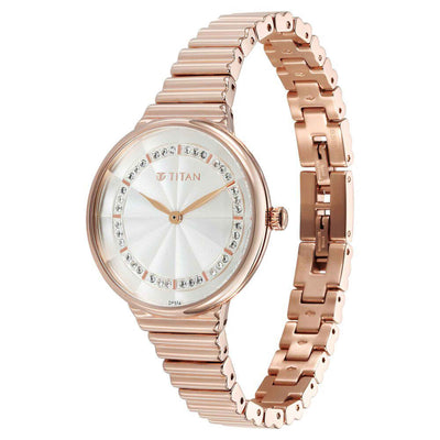 Titan Aura Quartz Analog Silver Dial Rose Gold Stainless Steel Strap Watch For Women
