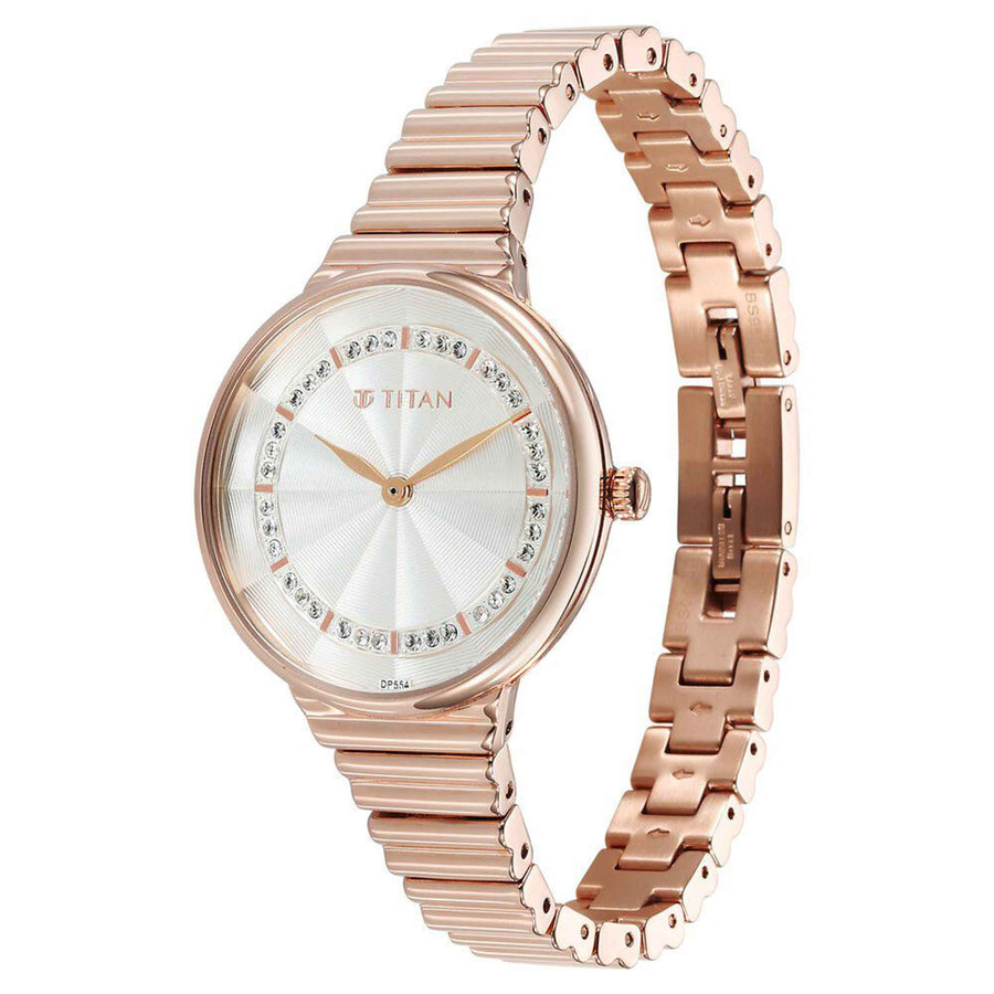 Titan Aura Quartz Analog Silver Dial Rose Gold Stainless Steel Strap Watch For Women