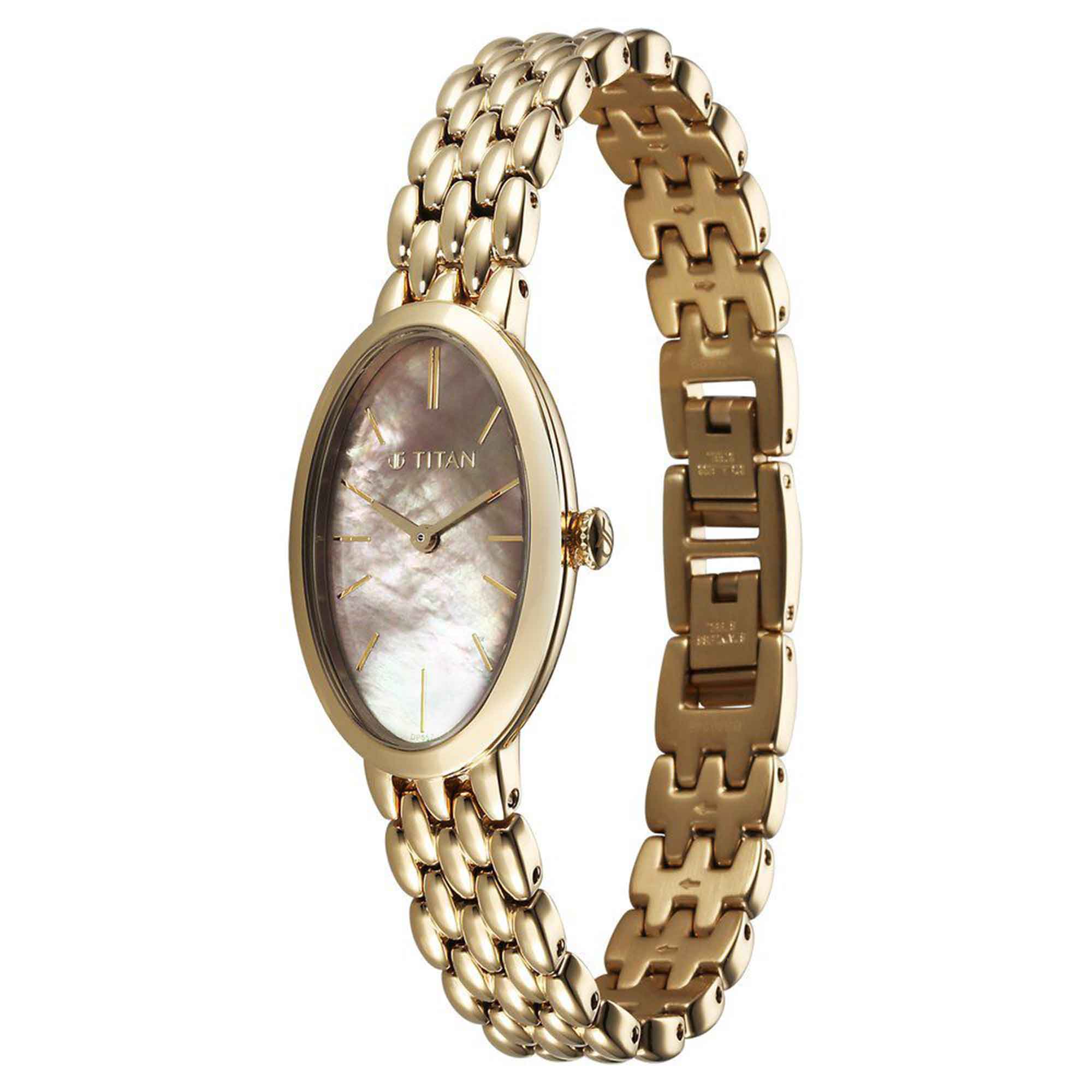 Titan Mother Of Pearl Oval Dial Gold Stainless Steel Strap Analog Watch for Women
