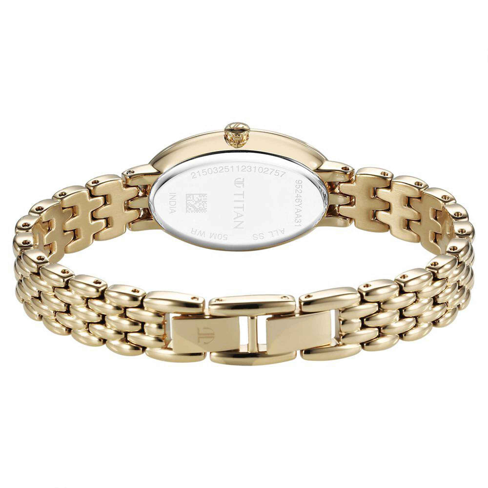 Titan Mother Of Pearl Oval Dial Gold Stainless Steel Strap Analog Watch for Women