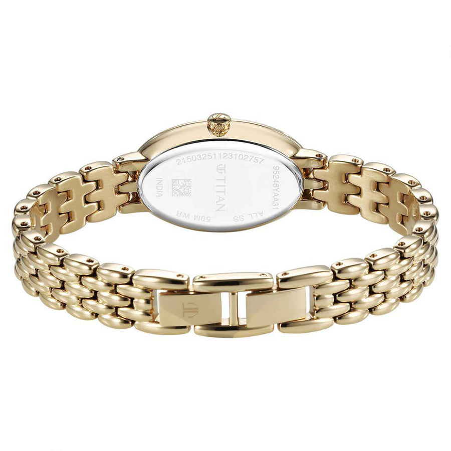 Titan Mother Of Pearl Oval Dial Gold Stainless Steel Strap Analog Watch for Women