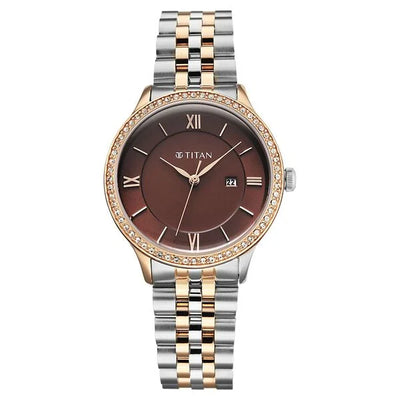 Titan Fashion Brown Dial Two Toned Stainless Steel Analog with Date Watch for Women