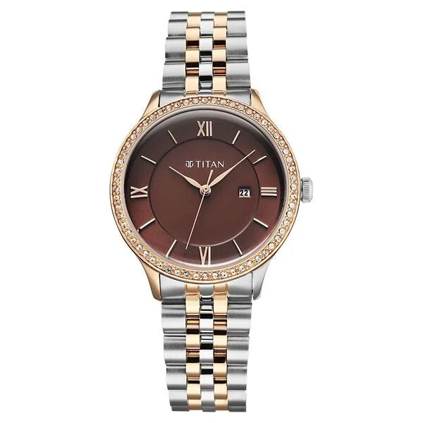 Titan Fashion Brown Dial Two Toned Stainless Steel Analog with Date Watch for Women