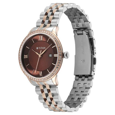 Titan Fashion Brown Dial Two Toned Stainless Steel Analog with Date Watch for Women