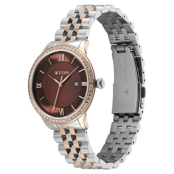 Titan Fashion Brown Dial Two Toned Stainless Steel Analog with Date Watch for Women