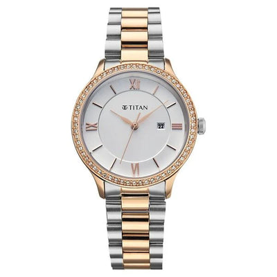 Titan Fashion White Dial Two Toned Stainless Steel Analog with Date Watch for Women