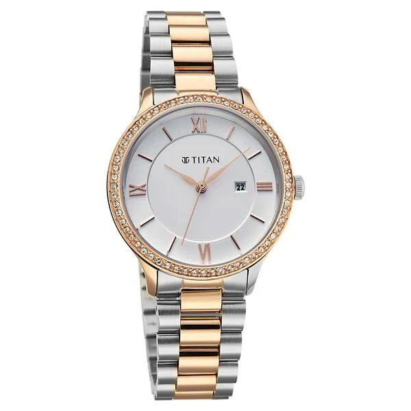 Titan Fashion White Dial Two Toned Stainless Steel Analog with Date Watch for Women