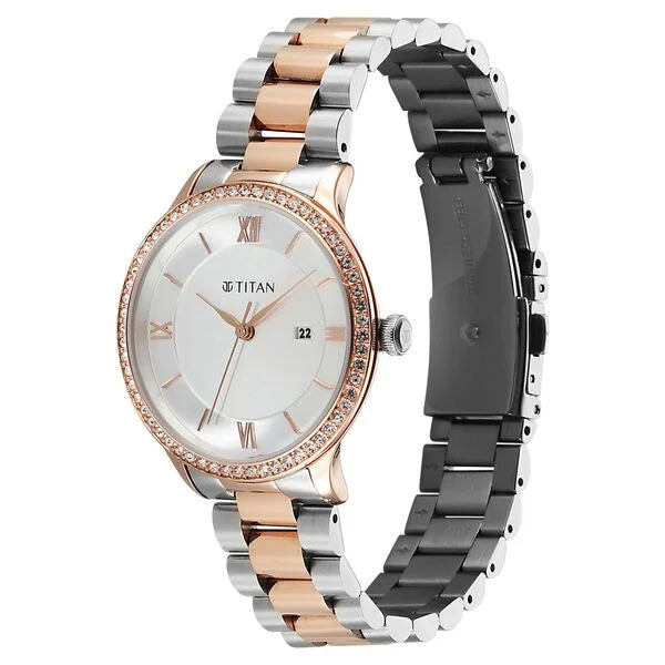 Titan Fashion White Dial Two Toned Stainless Steel Analog with Date Watch for Women