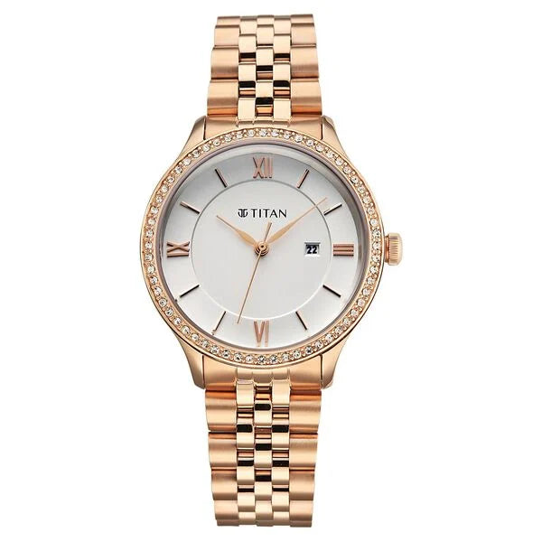 Titan Fashion White Dial Rose Gold Stainless Steel Analog with Date Watch for Women