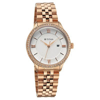 Titan Fashion White Dial Rose Gold Stainless Steel Analog with Date Watch for Women