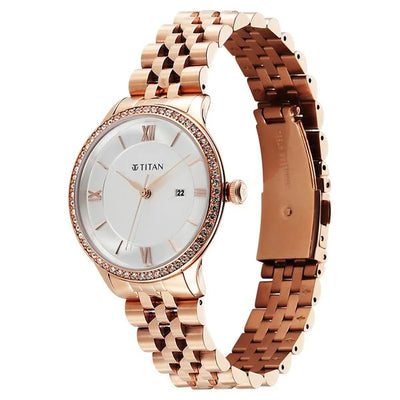 Titan Fashion White Dial Rose Gold Stainless Steel Analog with Date Watch for Women