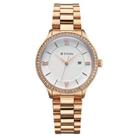 Titan Fashion White Dial Rose Gold Stainless Steel Analog with Date Watch for Women