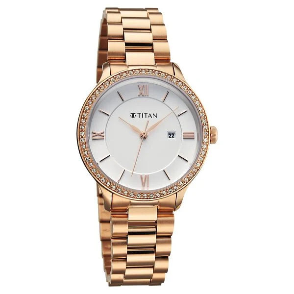 Titan Fashion White Dial Rose Gold Stainless Steel Analog with Date Watch for Women