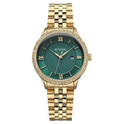 Titan Fashion Green Dial Rose Gold Stainless Steel Analog with Date Watch for Women