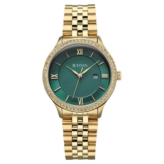 Titan Fashion Green Dial Rose Gold Stainless Steel Analog with Date Watch for Women
