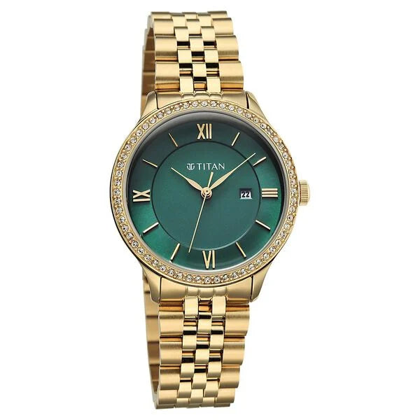 Titan Fashion Green Dial Rose Gold Stainless Steel Analog with Date Watch for Women