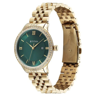 Titan Fashion Green Dial Rose Gold Stainless Steel Analog with Date Watch for Women