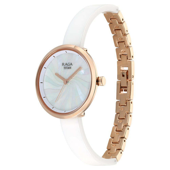 Titan Raga Memoirs Quartz Analog Mother Of Pearl Dial With White Ceramic Strap Watch For Women