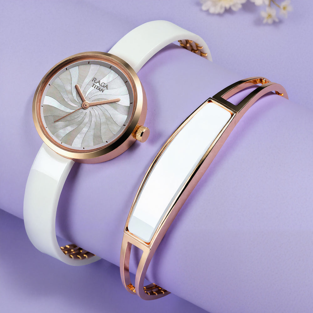 Titan Raga Memoirs Quartz Analog Mother Of Pearl Dial With White Ceramic Strap Watch For Women