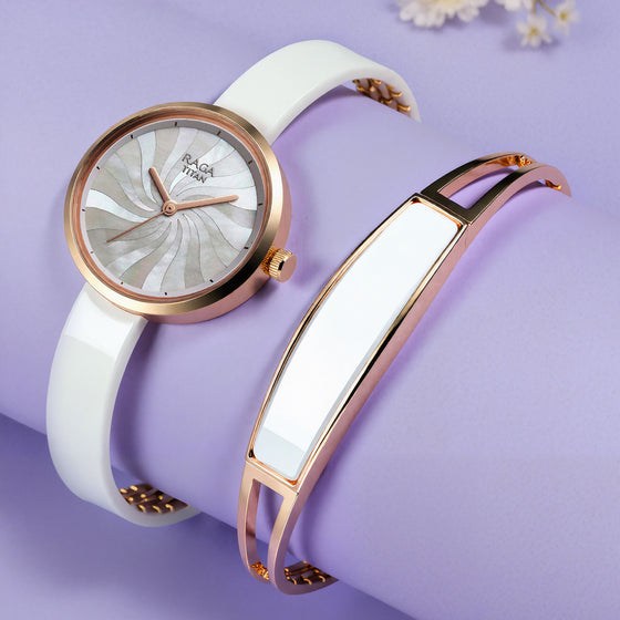 Titan Raga Memoirs Quartz Analog Mother Of Pearl Dial With White Ceramic Strap Watch For Women