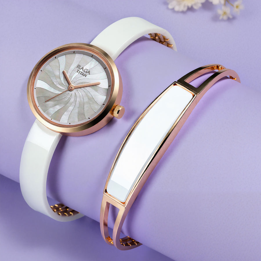 Titan Raga Memoirs Quartz Analog Mother Of Pearl Dial With White Ceramic Strap Watch For Women
