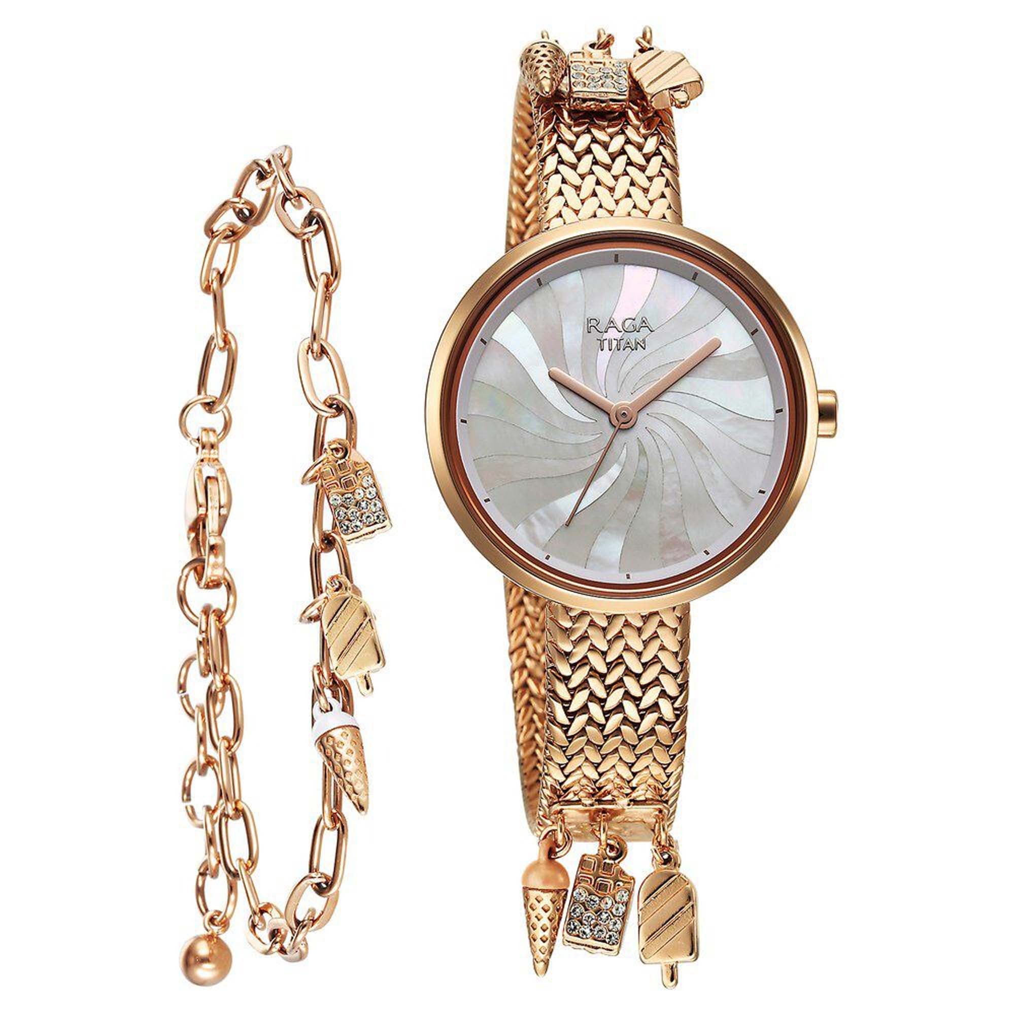 Titan Raga Memoirs Mother Of Pearl Dial With Rose Gold Metal Strap Watch For Women